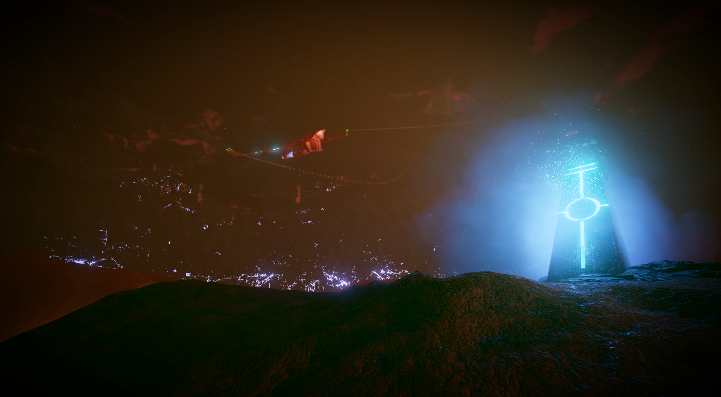 We used GPU particles to create the smoke and sparks coming off the alien artifact