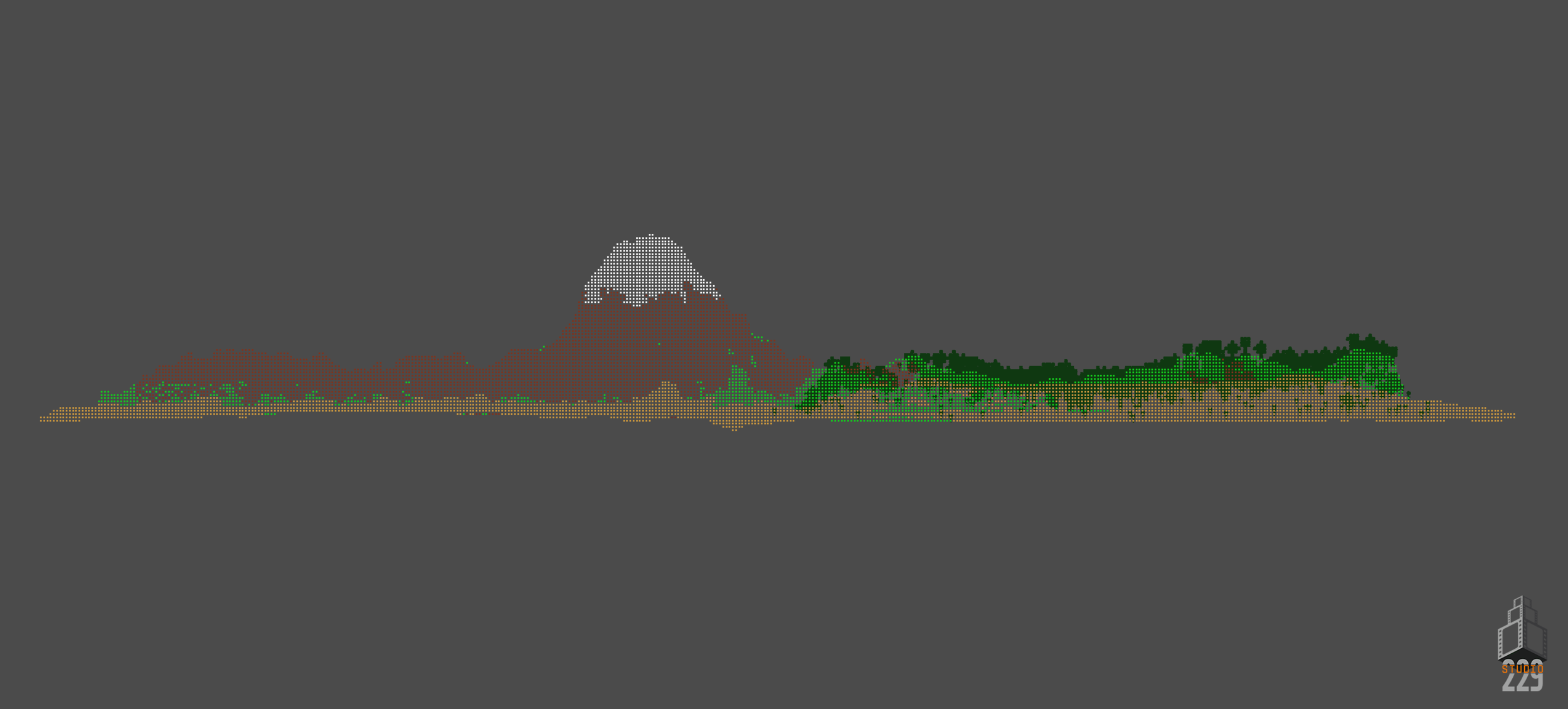  The viewport picture shows the size of the island, with each pixel being a stack of 3 Cheerios. We used Z height data to determine what kind of cheeioro was created, giving us snowy mountain tops, forested jungles, and deserts! 