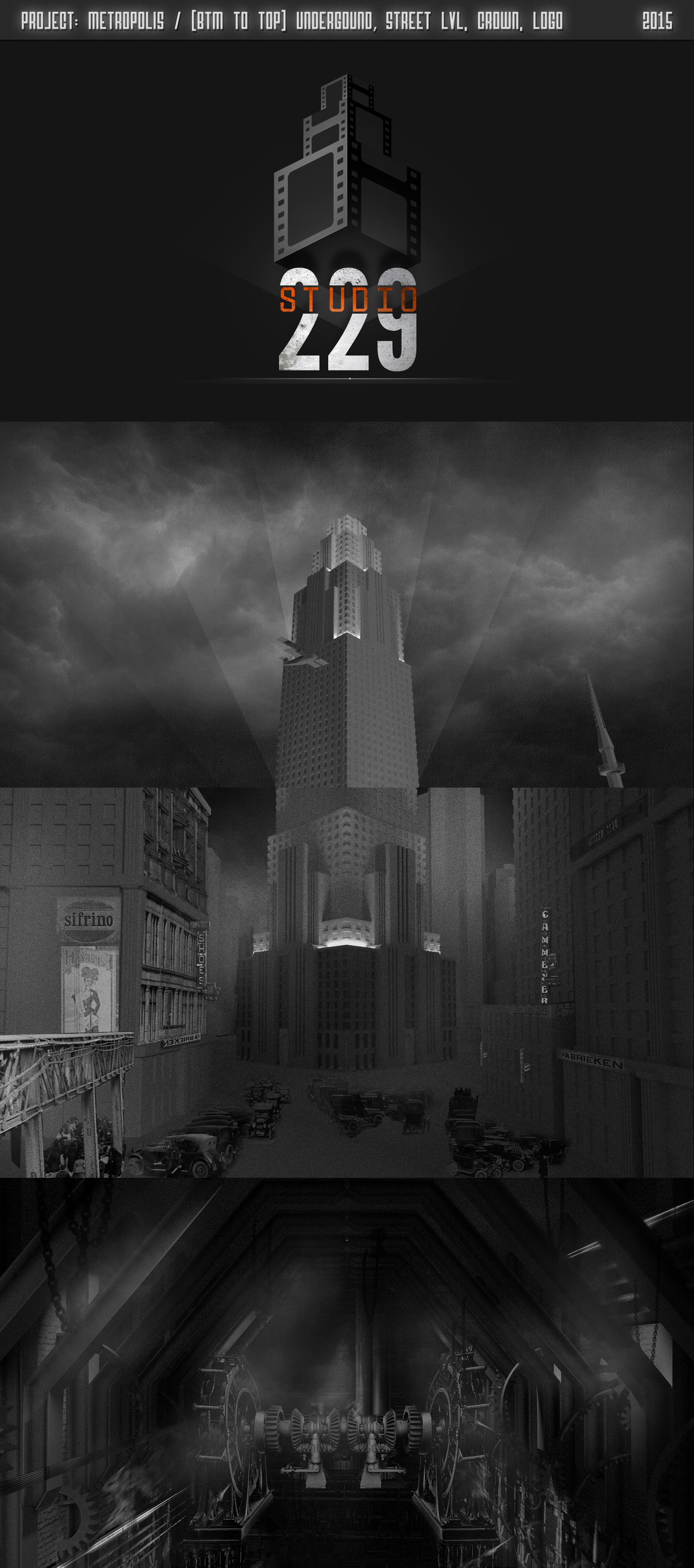  The art design storyboard followed, using mockups and WIP renders to portray what each section would look like, setting the mood for the whole production. 