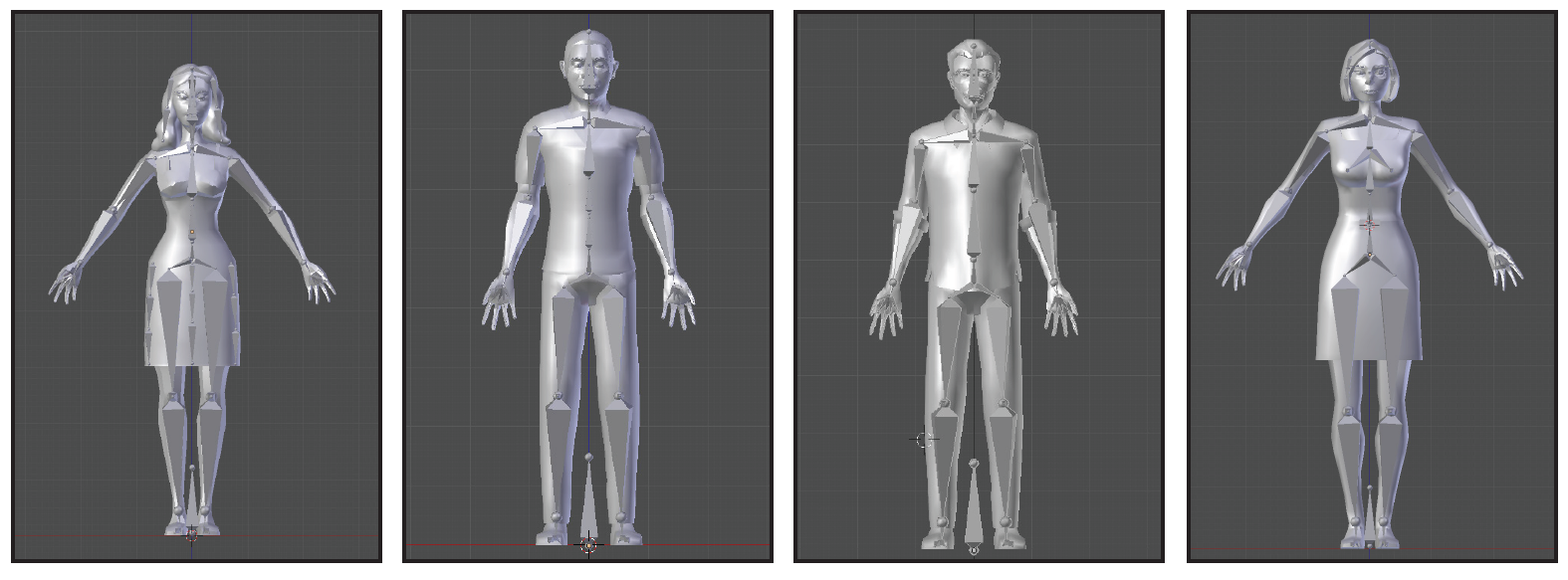 The 3D models and rigs created for each character