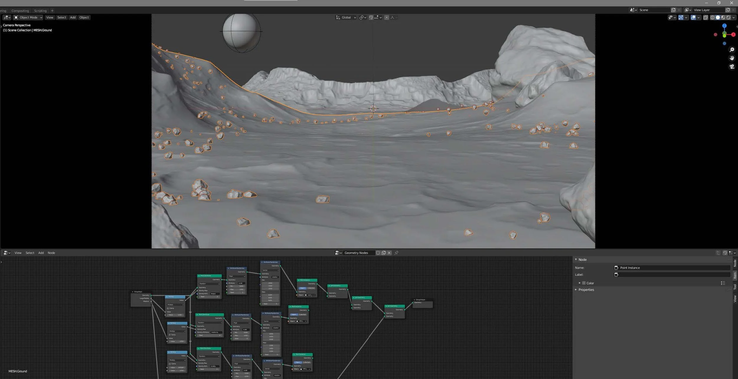 The landscape geometry and particle systems (Geonodes) to place the rocks