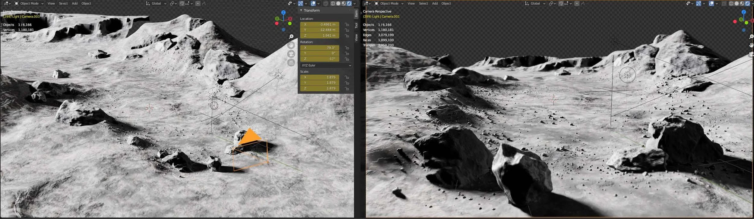The combination of procedural and actual lunar textures helped create a convincing landscape